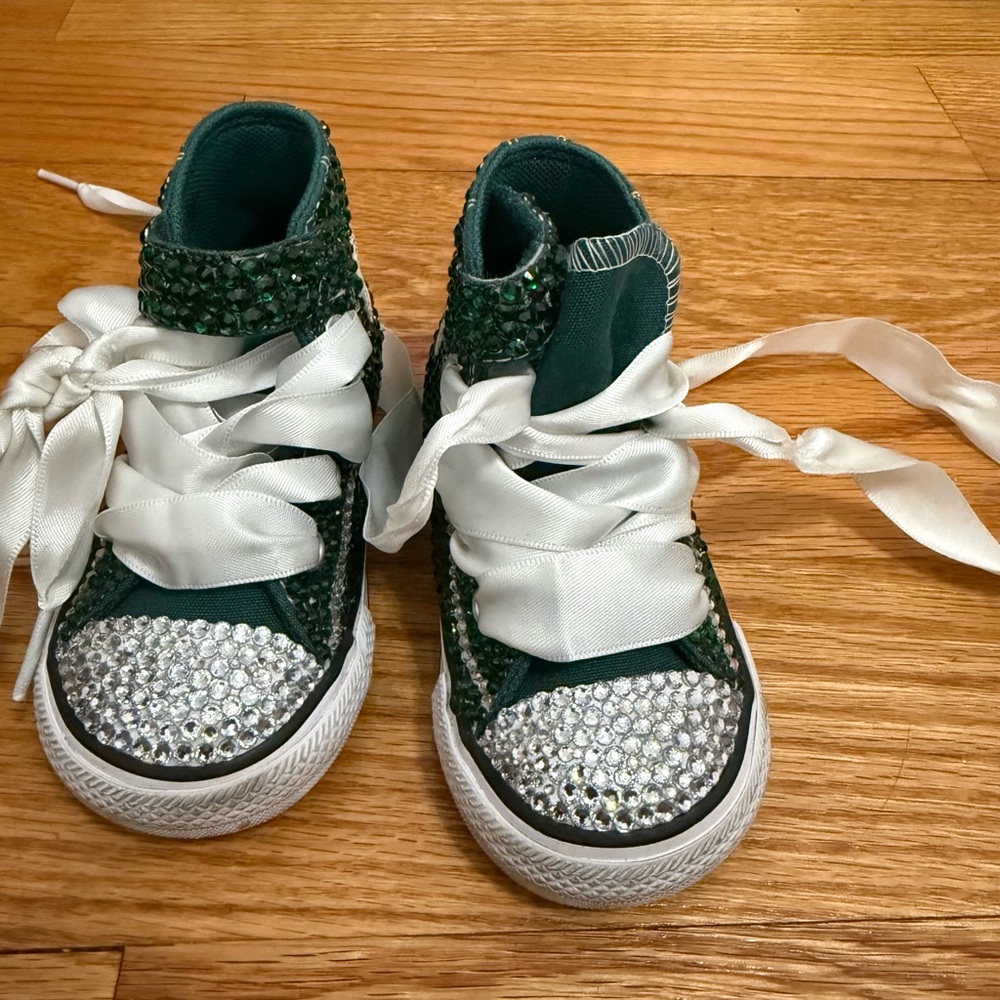 Converse Kids Emerald Green Rhinestone High-Top Sneakers with White Satin Laces